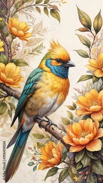 Fototapeta Wall paper, phone case. A stunningly vibrant and enchanting bird and colorful flowers