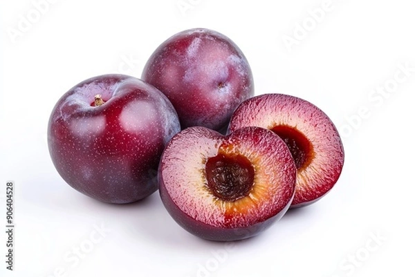 Fototapeta Fresh red plums displayed on white surface with one cut in half revealing juicy flesh