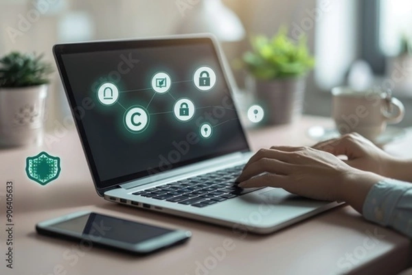 Fototapeta Cyber Security and Data Protection: A Laptop with Digital Shield