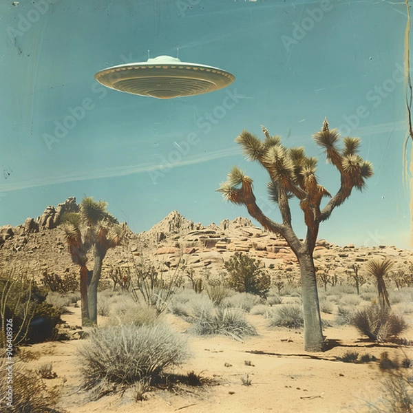 Fototapeta UFO retro flying saucer over Joshua trees white sands desert 1960s photo journalism hoax conspiracy theory fake news concept campy postcard color vintage sci-fi science fiction background backdrop