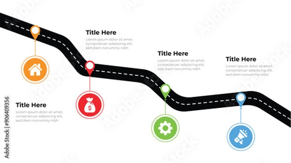 Fototapeta Road infographics. Winding road to success with pin pointers. Business journey way.