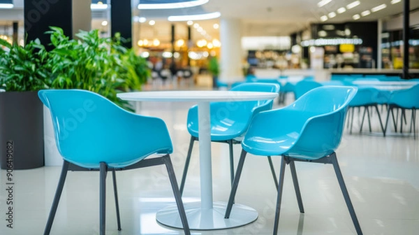 Fototapeta Blue plastic chairs and a white table in a food court at a modern shopping center.