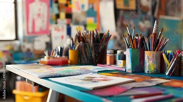 Fototapeta Creative Workspace: A vibrant desk covered in art supplies, sketches, and colorful decorations. The use of bright colors and textures showcases a lively environment that stimulates creativity.