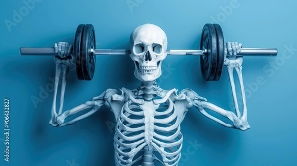 Fototapeta A skeleton is lifting a weight with its arms. The skeleton is wearing a blue shirt. Concept of humor and lightheartedness