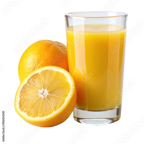 Fototapeta Refreshing Glass of Orange Juice with Lemon Slice - Isolated on Transparent Background