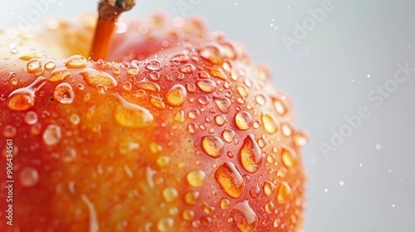 Obraz close-up of a red apple with water drops, macro photography on a white background, high-resolution digital image in the style of food magazine advertising
