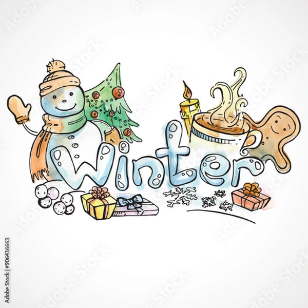 Obraz Coloring page inscription winter, vector watercolor style. Vector illustration