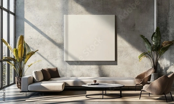 Fototapeta mockup of a blank wall, with a modern living room setting in the background, ideal for presenting design ideas and wall art