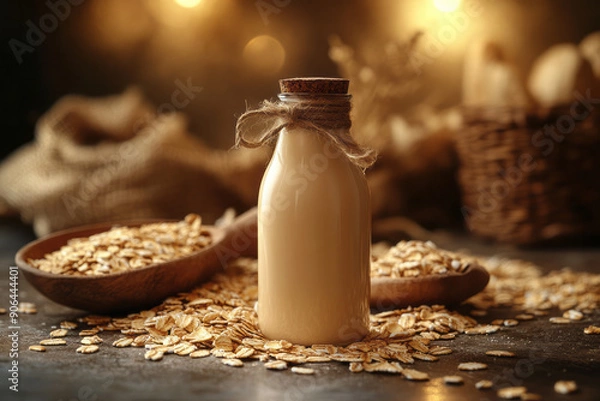 Obraz Elegant scene featuring a bottle of oat milk with oats gently spread out in the background,