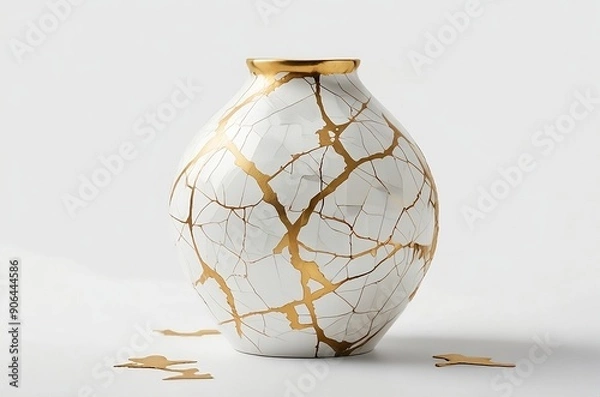 Fototapeta A stunning kitsugi vase , delicately cracked and repaired with gold, stands alone on a pristine white background.