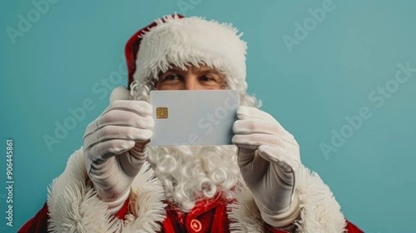 Obraz hand of a person dressed as santa claus holding a credit card  business card in his hands on a blue background, Generative AI 