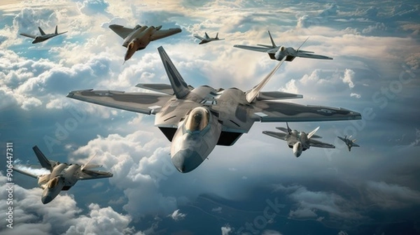 Fototapeta F-22 Raptor Fighter Jets Flying in Formation Over Clouds