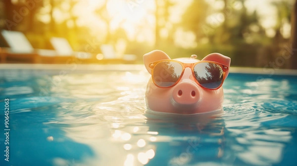 Obraz Piggy bank with sunglasses floating in a pool under the sun. Fun and whimsical scene perfect for summer and savings themes