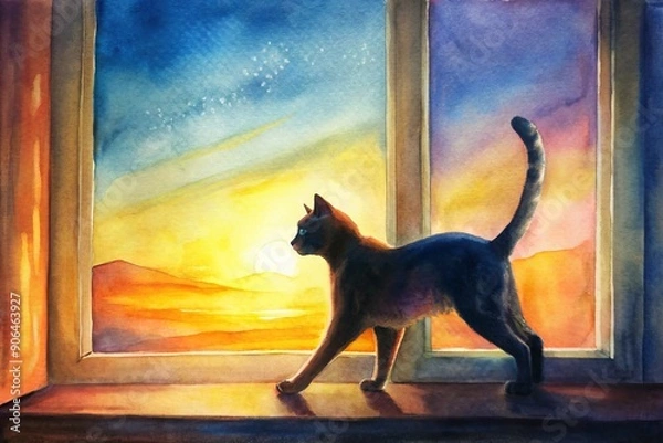 Fototapeta Serene silhouette of a stretching cat in a window frame, warmly backlit by a vibrant sunrise, with soft golden light and subtle shading effects.