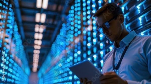 Fototapeta The engineer in datacenter