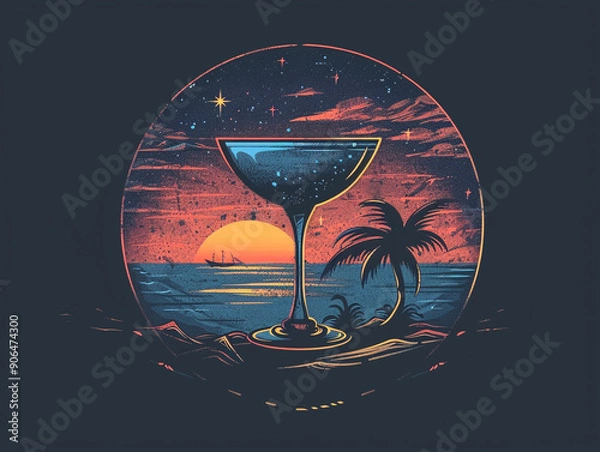 Obraz a cocktail glass and in the background is a small tropical island with a palm tree and a sunset in the style of a retro t-shirt
