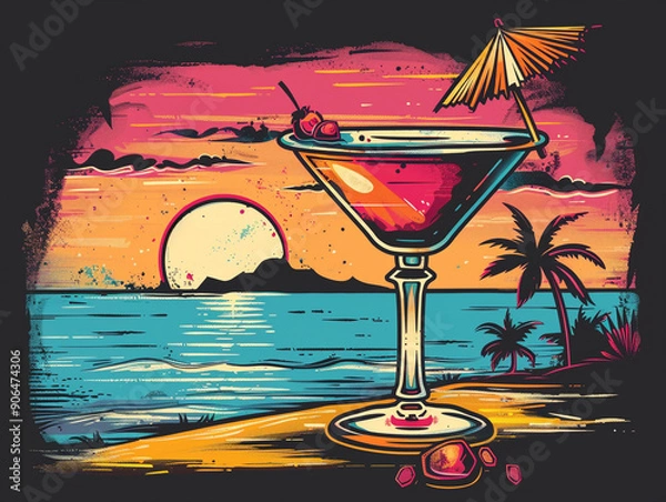 Obraz a cocktail glass and in the background is a small tropical island with a palm tree and a sunset in the style of a retro t-shirt