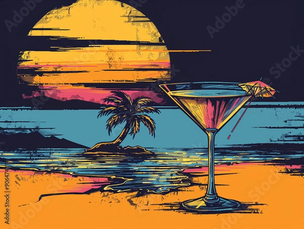 Obraz a cocktail glass and in the background is a small tropical island with a palm tree and a sunset in the style of a retro t-shirt