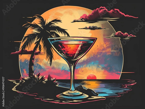 Obraz a cocktail glass and in the background is a small tropical island with a palm tree and a sunset in the style of a retro t-shirt