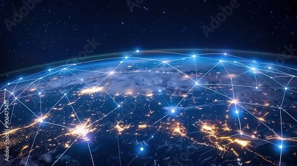 Fototapeta Wide-angle view of the Earth at night with glowing blue and white lines connecting cities across different countries, creating a seamless global network structure.