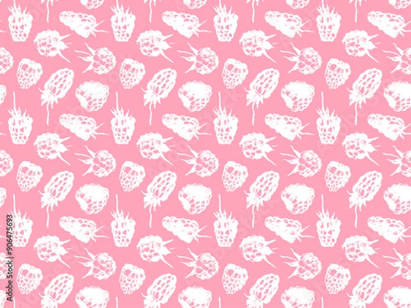 Fototapeta Color raspberry pattern seamless, raspberries illustration, hand-drawn vector red berry for vegan banner, juice or jam label design. Ripe raspberry background for baby food packaging.