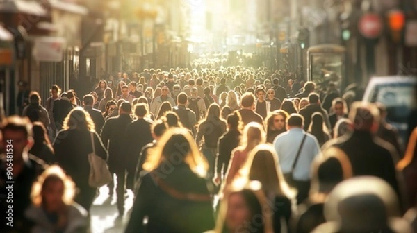 Fototapeta A busy city street filled with people walking in both directions. The sun is shining brightly, casting a warm glow over the crowd
