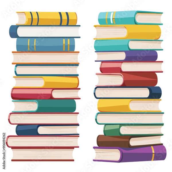 Fototapeta Two stacks colorful books various sizes orientations, educational concept. Tall piles hardcover books reading, knowledge, study theme. Vibrant book spines, illustration library bookstore background