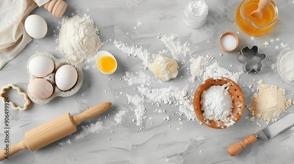 Fototapeta Flat lay of baking tools and ingredients on a grey background, including a rolling pin, eggs, dough in a wooden spoon, saltshaker, and cookie cutters. Ideal for a cooking or baking background concept.