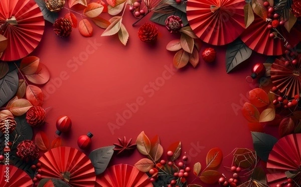 Obraz Festive red background with Chinese New Year elements, paper fans, and floral decorations