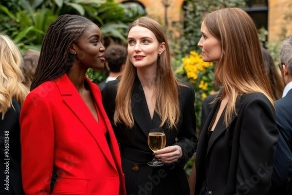 Fototapeta Elegant Women Networking at Outdoor Event Surrounded by Lush Greenery and Flowers