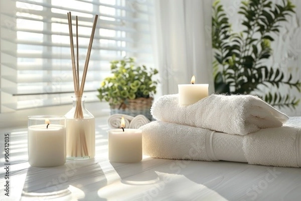 Fototapeta Spa Relaxation: Candles, Towels, and Reed Diffuser