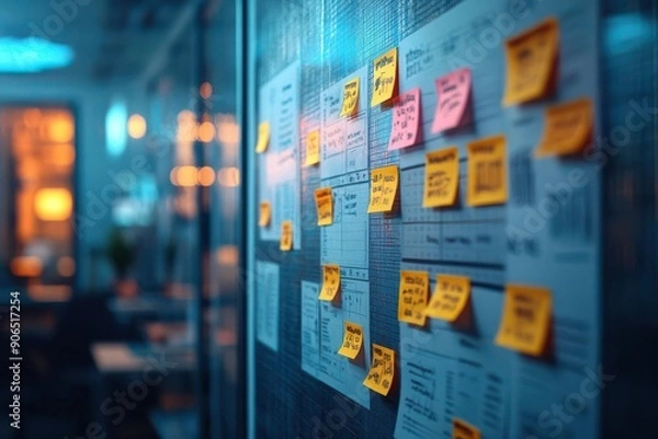 Obraz Team with project kanban board, office setting, task tracking