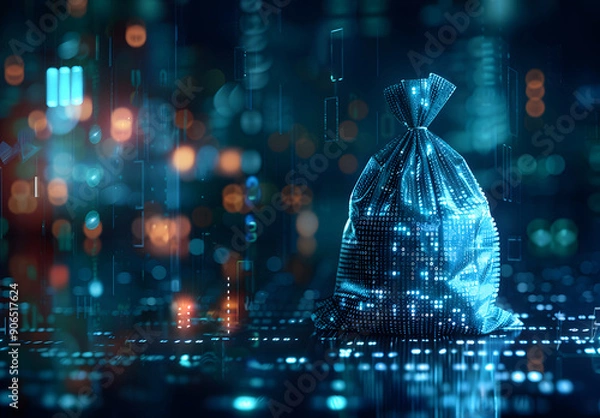 Fototapeta Digital blue moneybag with a dollar $ icon with binary code, AI financial transactions, fraud detection algorithms, portfolio management, and personalized financial planning services. money bag design