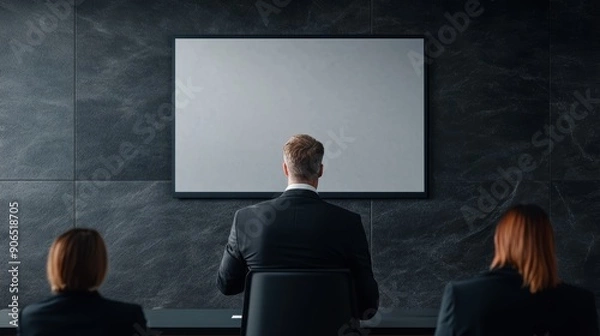 Fototapeta Senior executive presenting an annual report, using a laser pointer on a large screen, diverse boardroom audience, contemporary office design, high-resolution photo, realistic photo