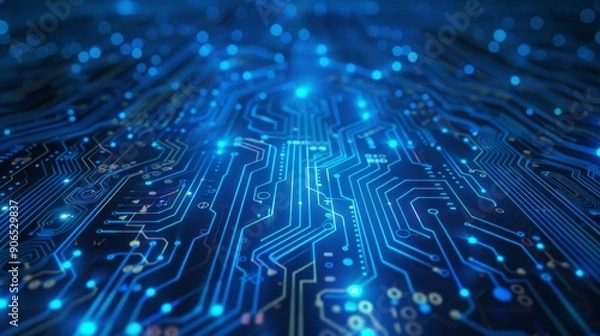 Obraz Blue neon light circuit board background with glowing digital lines and electronic elements, perfect for computer technology and network concepts.