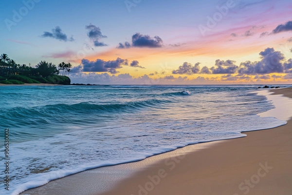 Fototapeta A serene beach scene at sunset with a colorful sky and calm ocean waves