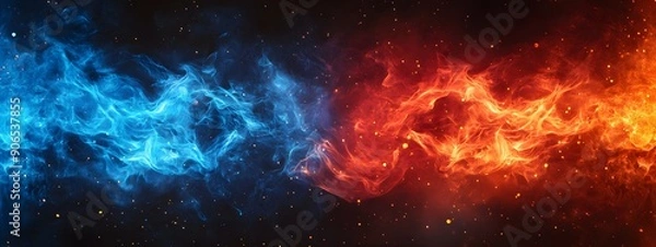 Fototapeta Fiery Inferno. Dynamic red and blue fire flames against a black background concept