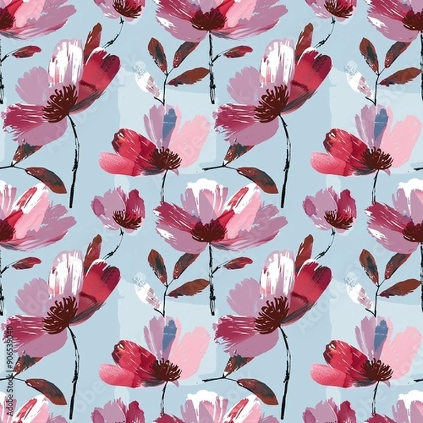 Fototapeta A seamless pattern of pink and burgundy flowers on a light blue background, made in the style of watercolor with free brush strokes and as if painted by hand.