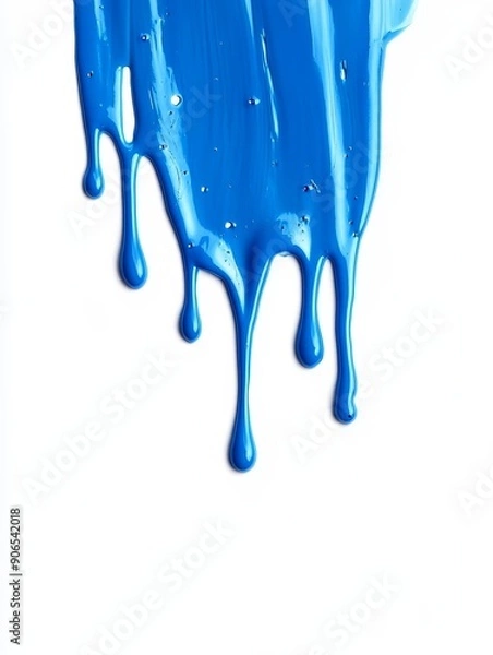Fototapeta A blue paint drips down a white background