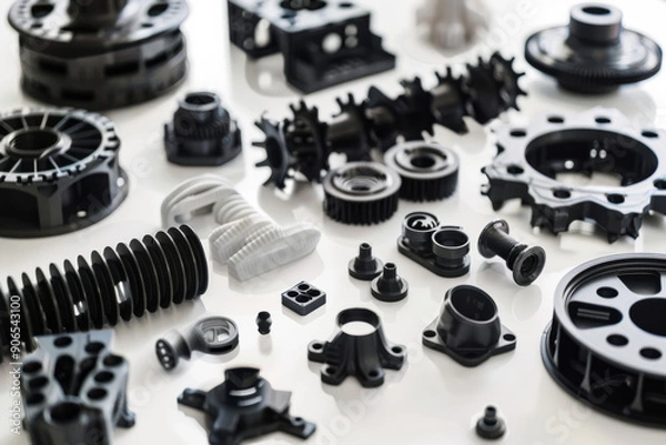 Obraz Various plastic parts arranged systematically on a white surface, showcasing engineering innovation and manufacturing diversity.