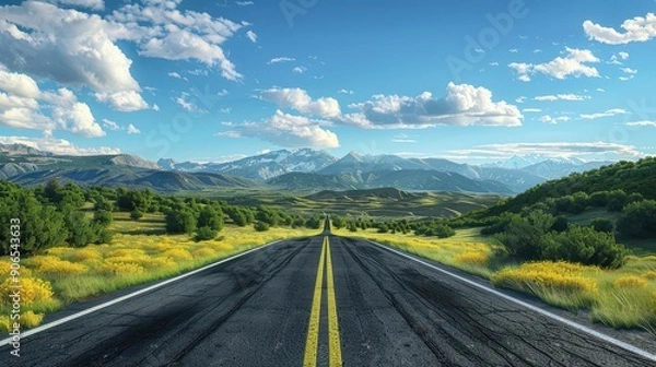 Obraz Mountain range roadtrippers, flat design, front view, sweeping road view, 3D render, complementary color scheme, copy space for text