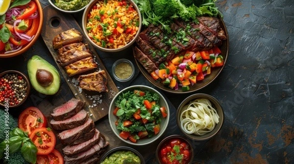 Obraz A delicious and healthy grilled meat salad with fresh vegetables. Healthy plant based low carb meal table scene. Cauliflower flatbread and steak, vegetable noodles, kale salads