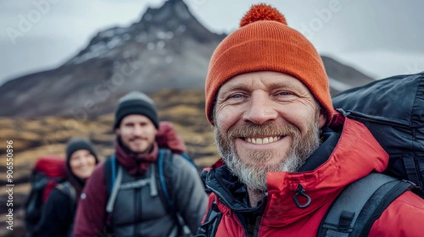 Fototapeta Joyful Hiking Adventure Group of Happy Hikers Enjoying Nature Smiling and Exploring the Great Outdoors in a Beautiful Mountain Landscape Brainstorming Digital Art