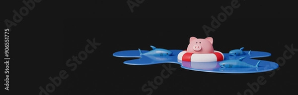 Obraz Piggy bank in lifebuoy on blue water pond surrounded by sharks with black background. Savings Protection Concept 3d render 3d illustration