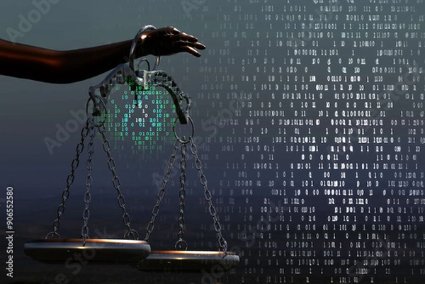 Obraz Cyber law digital technology concept. Artificial intelligence lawyer with Justice scales on binary code background. 3D render illustration.