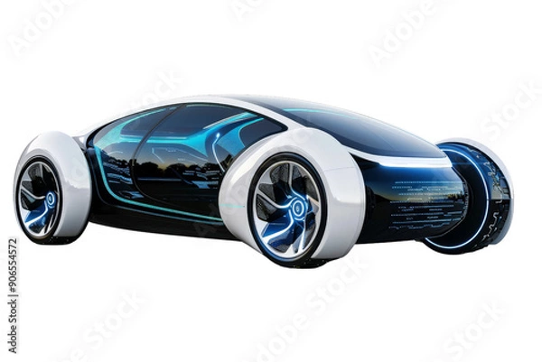 Fototapeta A futuristic electric car isolated on a white background, showcasing its innovative design and eco-friendly features.