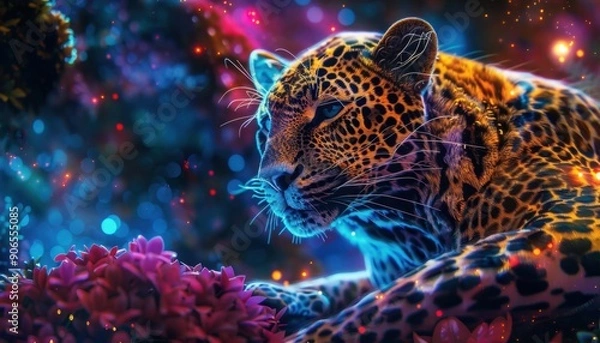 Fototapeta Close Up of a Leopard With Neon Lights and Flowers at Night
