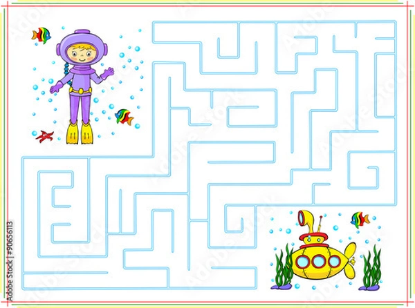 Fototapeta Help the diver go through a maze and find yellow submarine in th