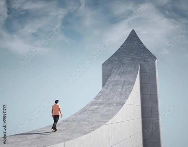 Fototapeta Man climbs a giant arrow pointing to the sky.