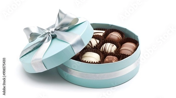 Fototapeta International Chocolate Day. A round box with various chocolates on a white background